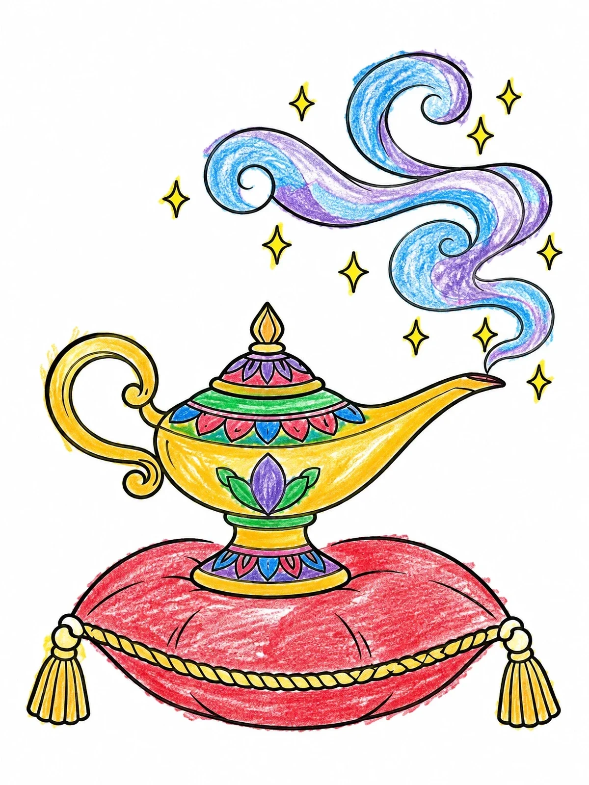 Colored example of the Magic Lamp On A Tasseled Pillow coloring page