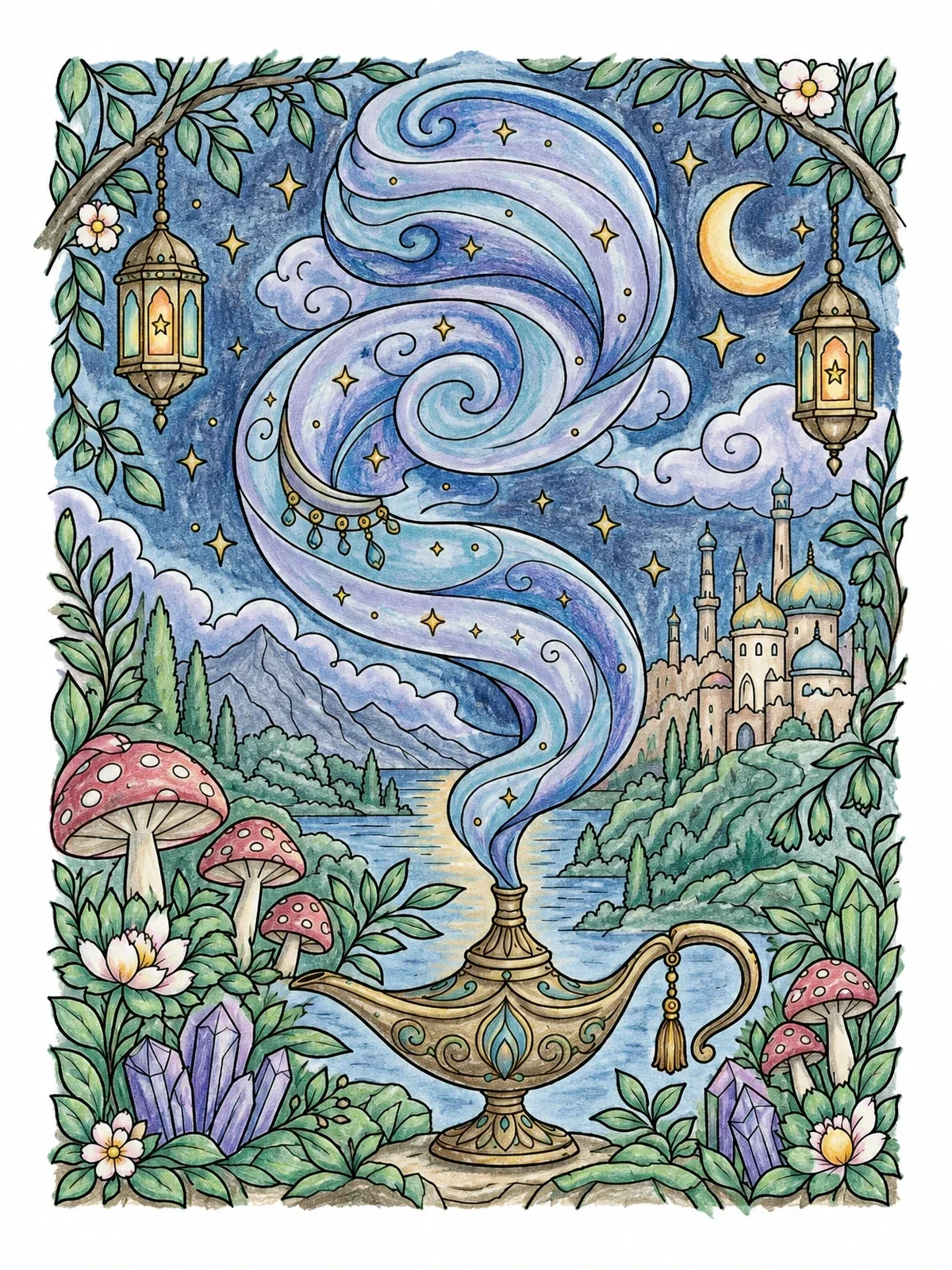 Colored example of the Magic Lamp With Swirling Smoke coloring page