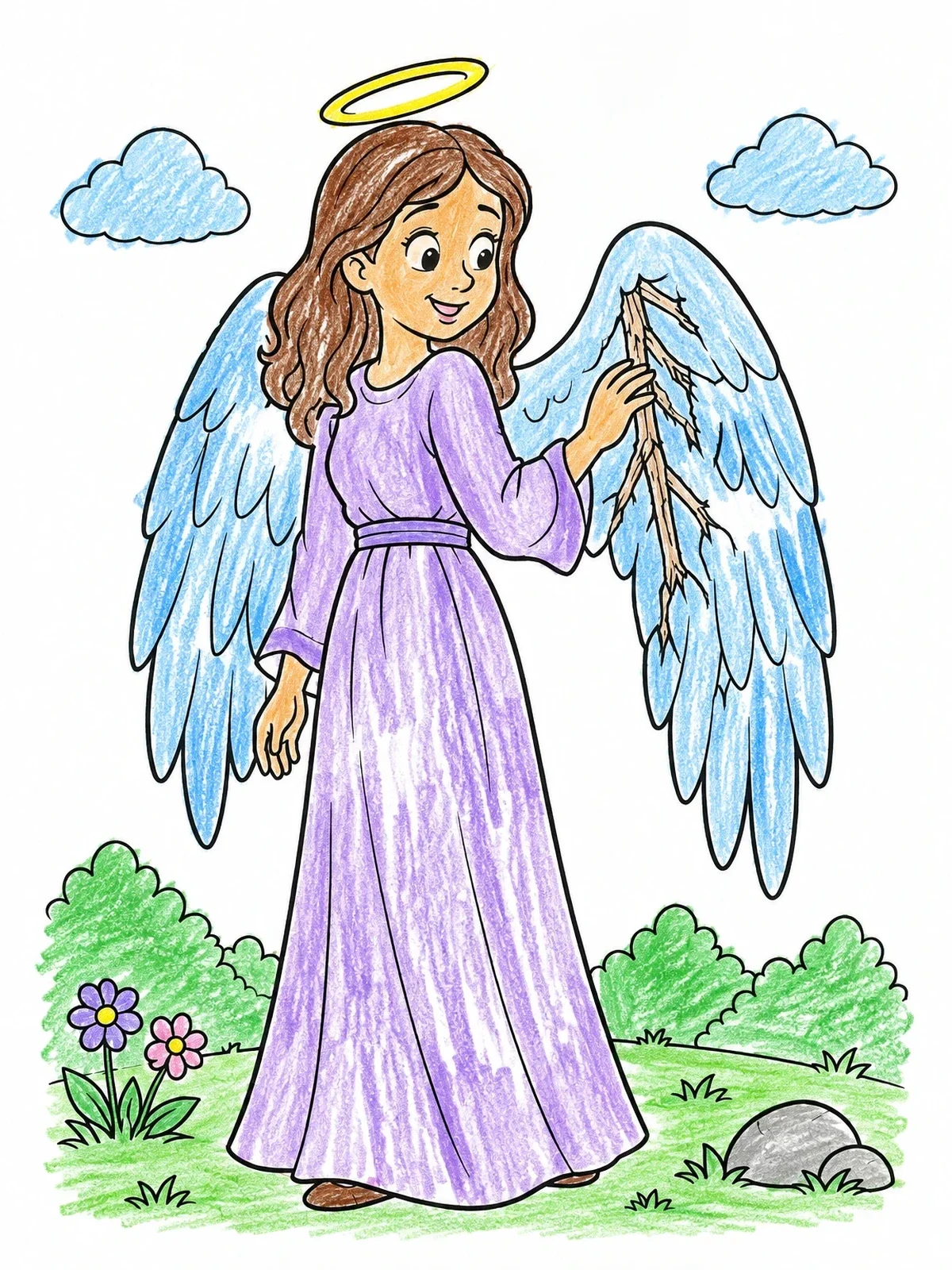 Colored example of the Gentle Angel Inspecting Broken Wing coloring page