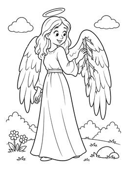 Free printable Gentle Angel Inspecting Broken Wing coloring page