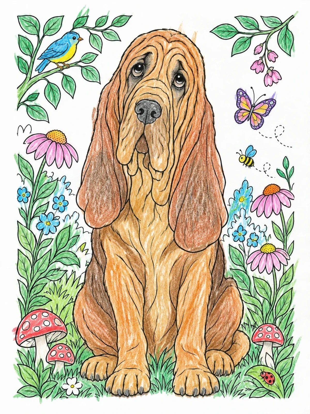 Colored example of the Gentle Bloodhound In The Garden coloring page