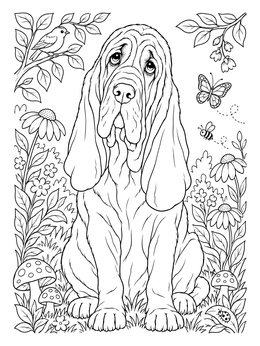 Free printable Gentle Bloodhound In The Garden coloring page