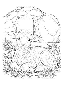 A peaceful lamb rests outside the open tomb in this jesus empty tomb coloring page.