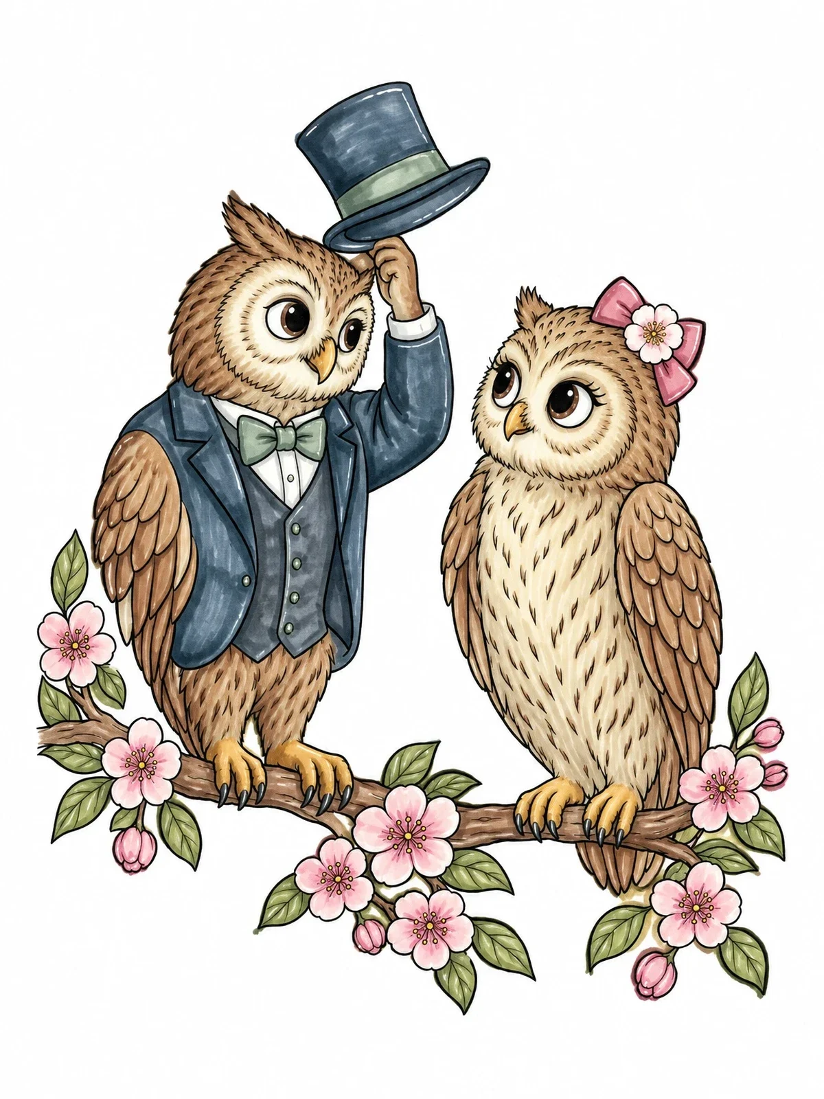 Colored example of the Gentleman Owl Tipping Top Hat coloring page