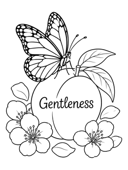 Gentleness fruit of the spirit coloring page with a peach, blossoms, and a resting butterfly.