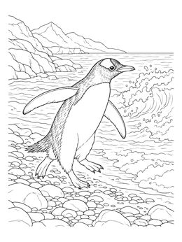 A detailed penguin coloring page showing a gentoo penguin running along a pebbled beach by the ocean waves.