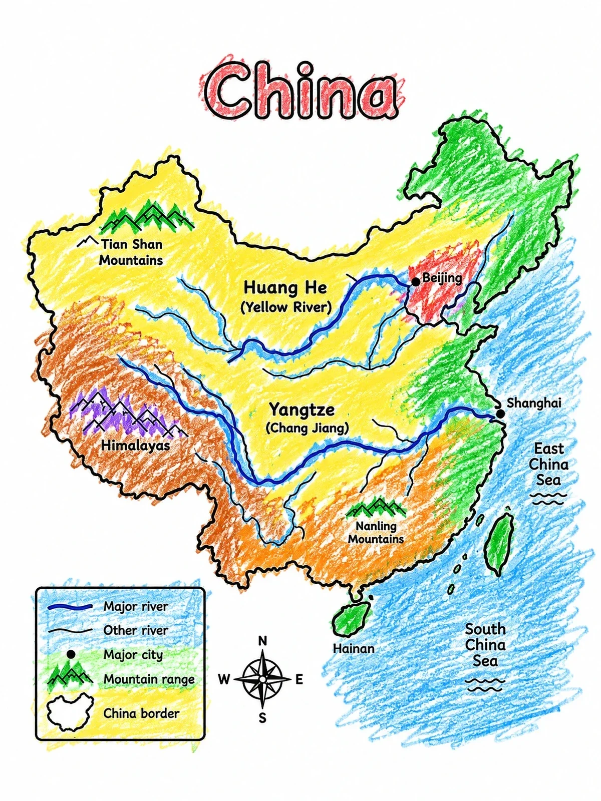 Colored example of the Geographic Map Of China With Rivers coloring page