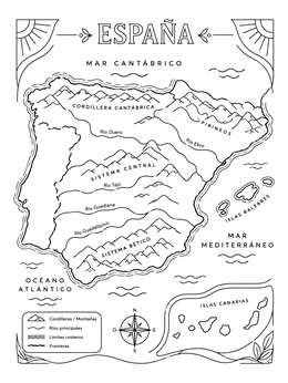 Detailed map of Spain coloring page with mountain ranges, rivers, and islands.