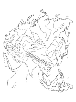 Detailed geography coloring page of the continent of Asia with mountain ranges and rivers.