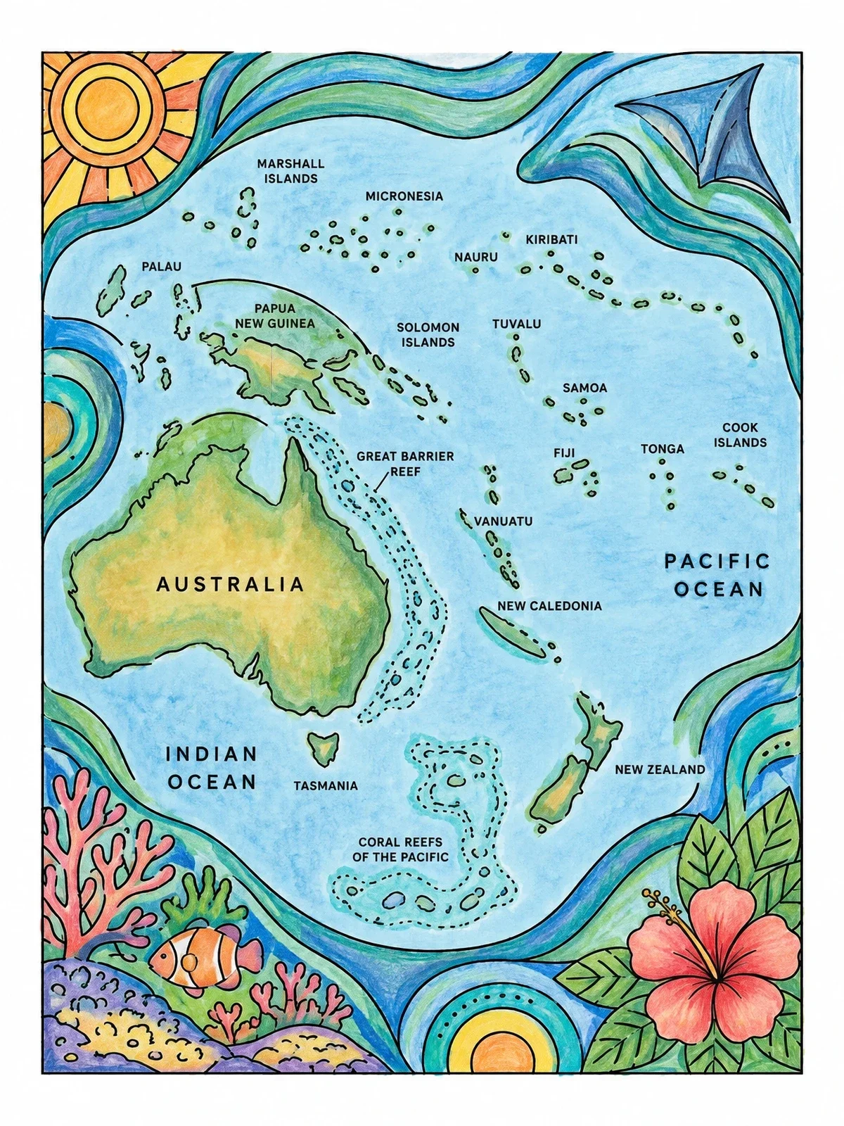 Colored example of the Map Of Australia And Oceania coloring page