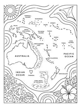 This geography coloring page features a detailed map of Australia and Oceania with coral reef borders.