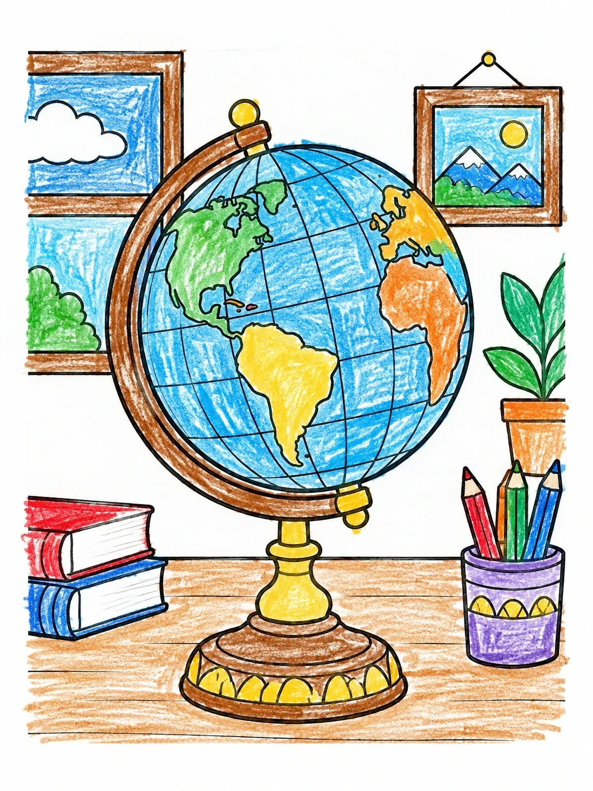 Colored example of the Desk Globe With Books And Pencils coloring page
