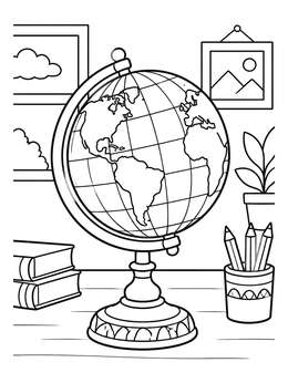 Free printable Desk Globe With Books And Pencils coloring page