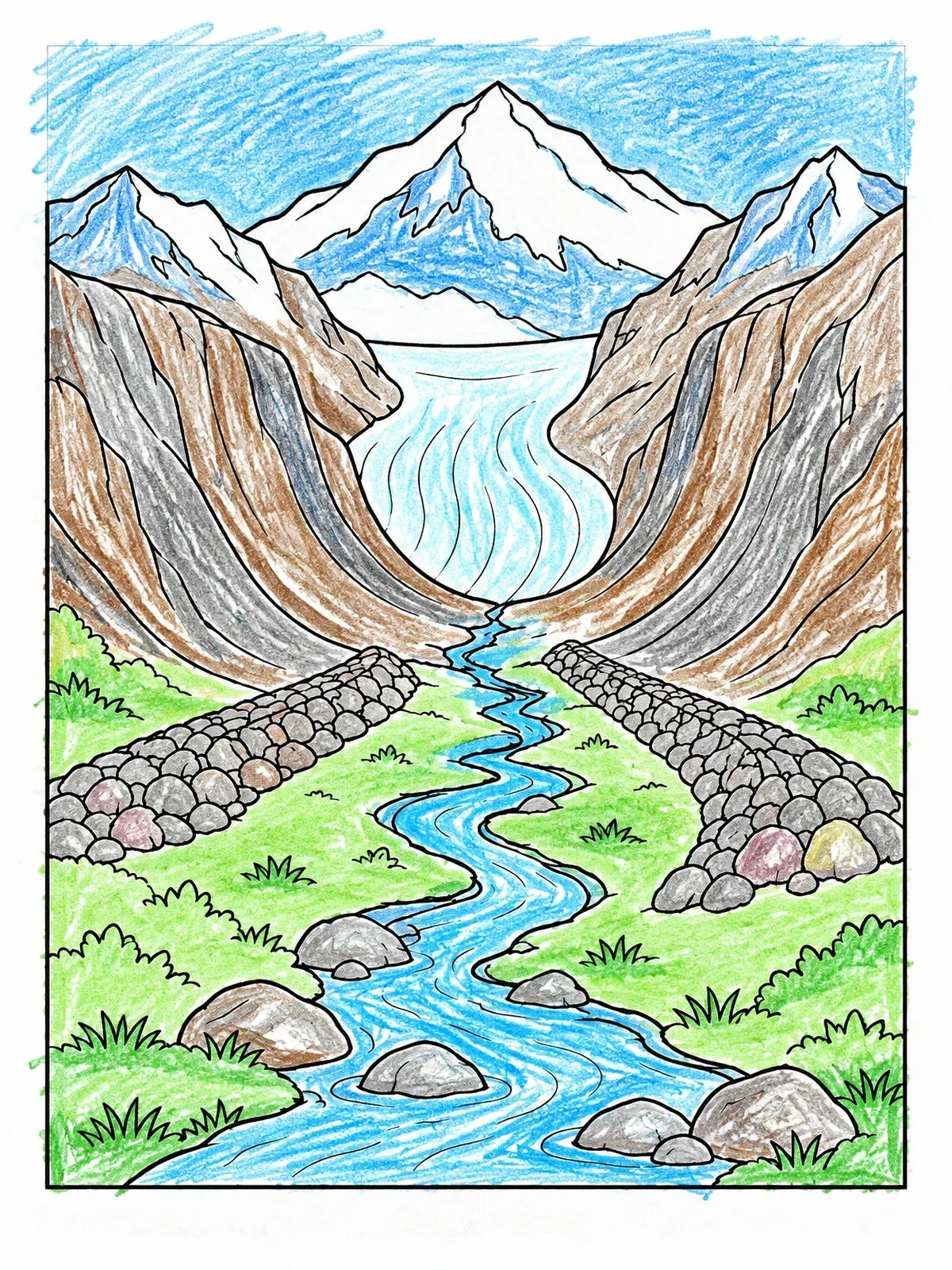 Colored example of the Glacial Valley And Mountain Stream coloring page