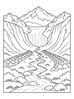 A geography coloring page displaying a glacial U-shaped valley with an alpine stream and rocky ridges.
