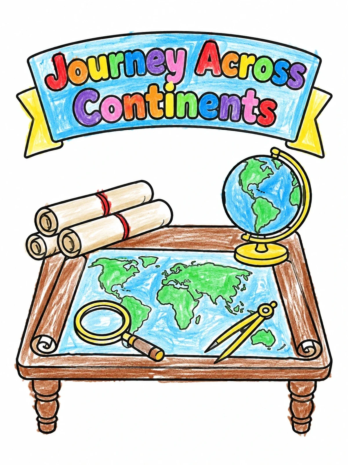Colored example of the Journey Across Continents Map Desk coloring page