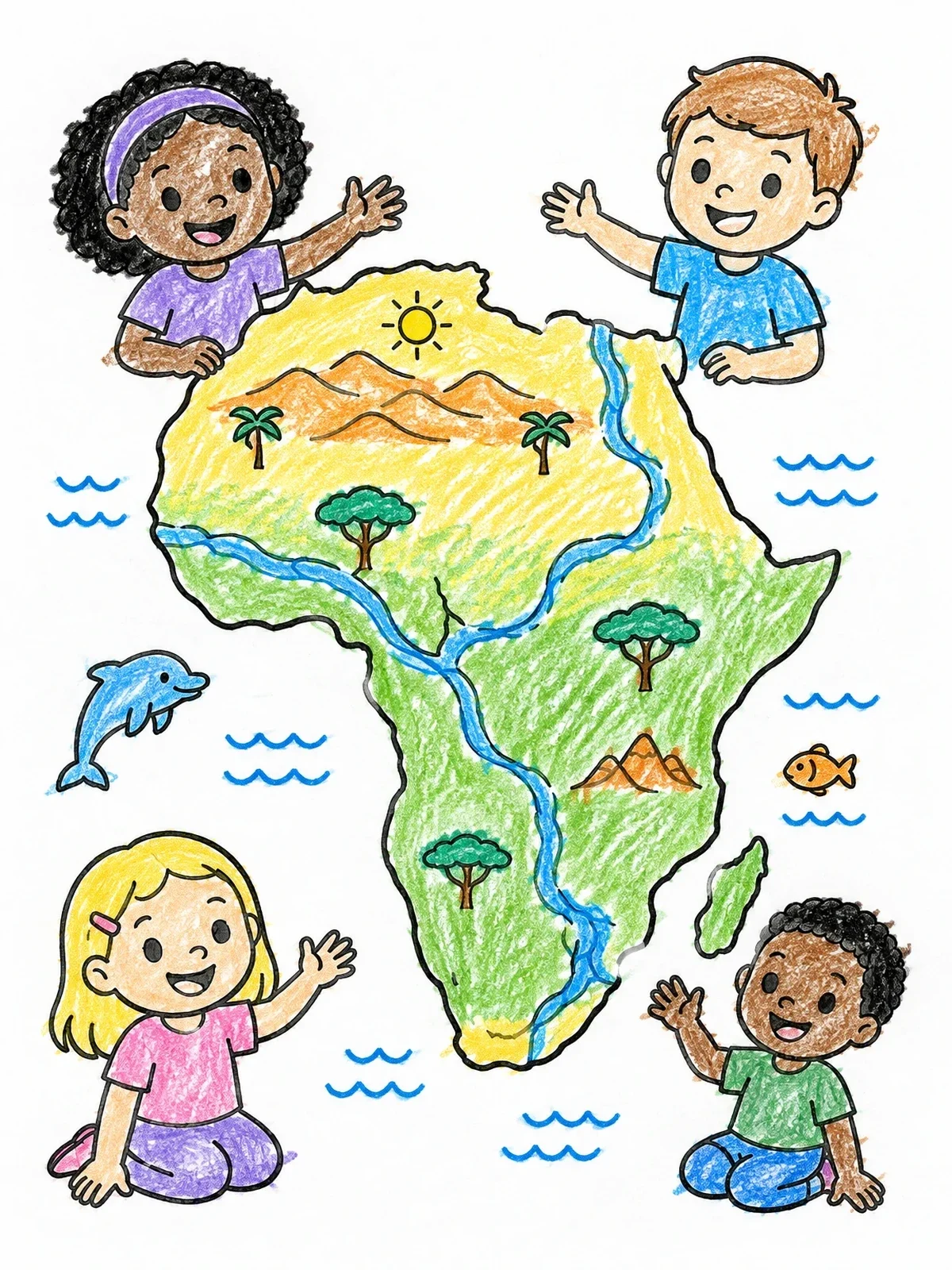 Colored example of the Kids Exploring The Map Of Africa coloring page