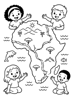 Free printable Kids Exploring The Map Of Africa coloring page