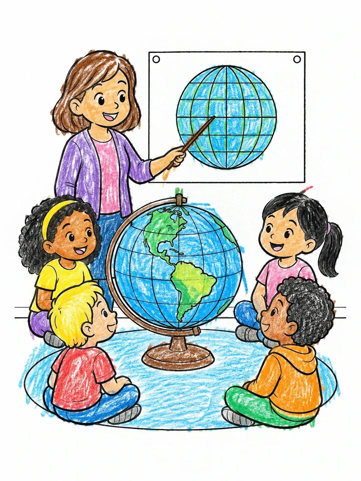 Colored example of the Geography Lesson With Teacher And Globe coloring page