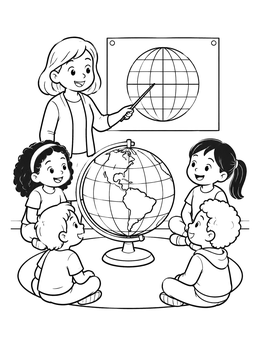 Free printable Geography Lesson With Teacher And Globe coloring page