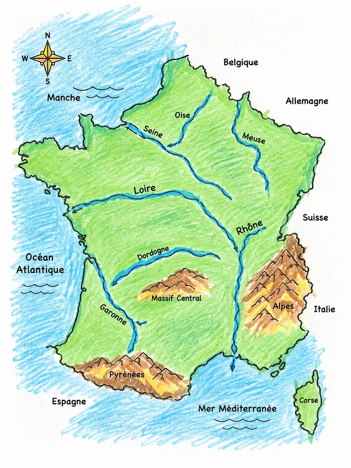 Colored example of the Geography Map Of France Rivers And Mountains coloring page