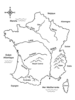 Geography Map of France Rivers and Mountains coloring page