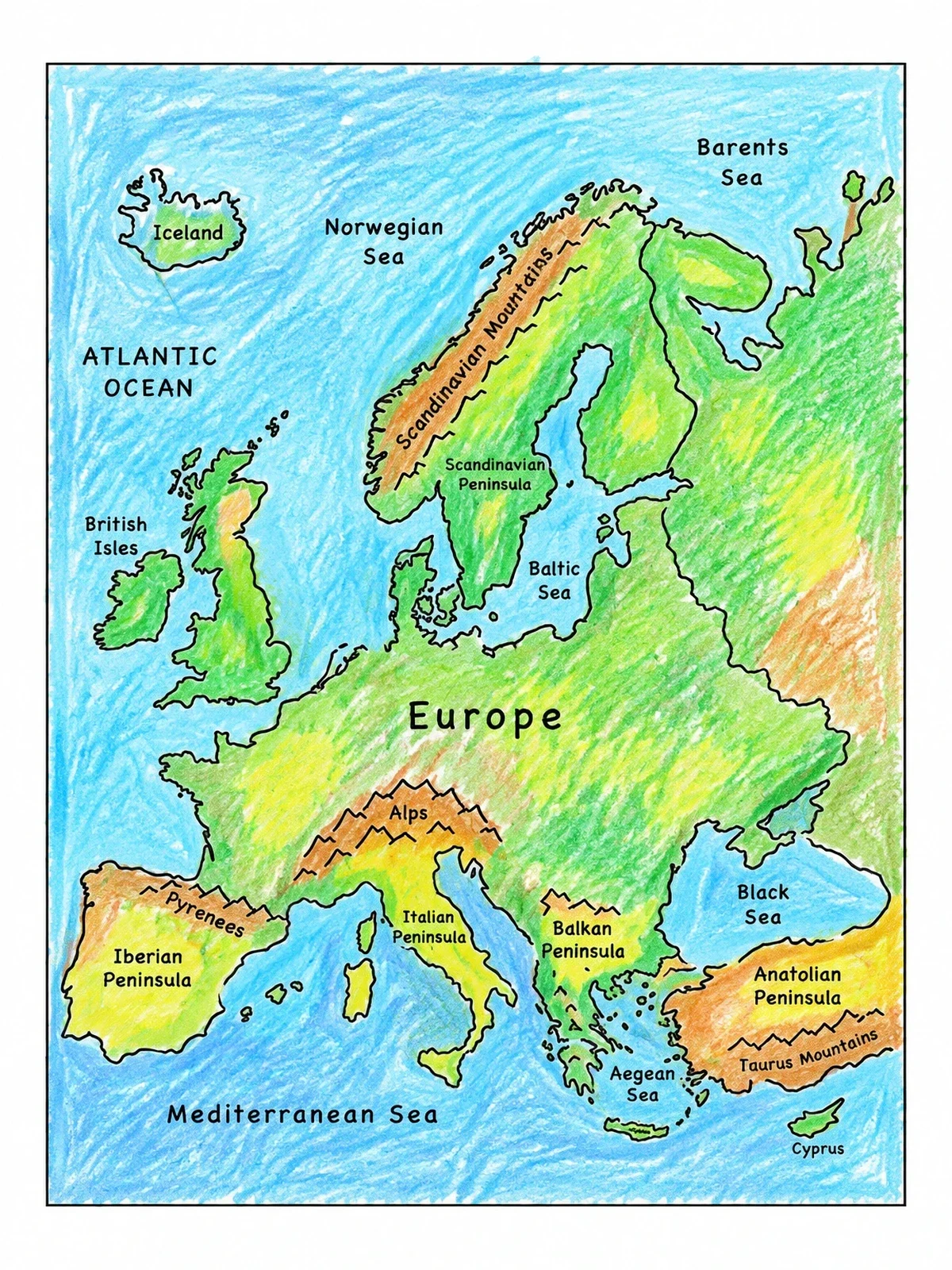 Colored example of the Physical Map Of Europe With Seas coloring page