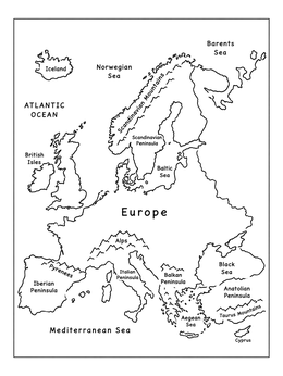 An outline geography coloring page of Europe highlighting major peninsulas, mountain ranges, and surrounding seas.