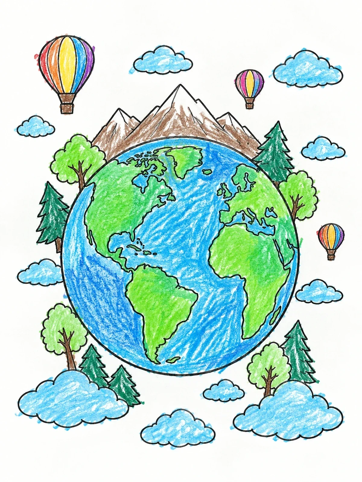 Colored example of the Planet Earth With Mountains And Balloons coloring page