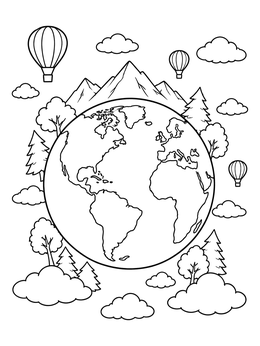 A detailed geography coloring page of Earth surrounded by trees, clouds, mountains, and balloons.