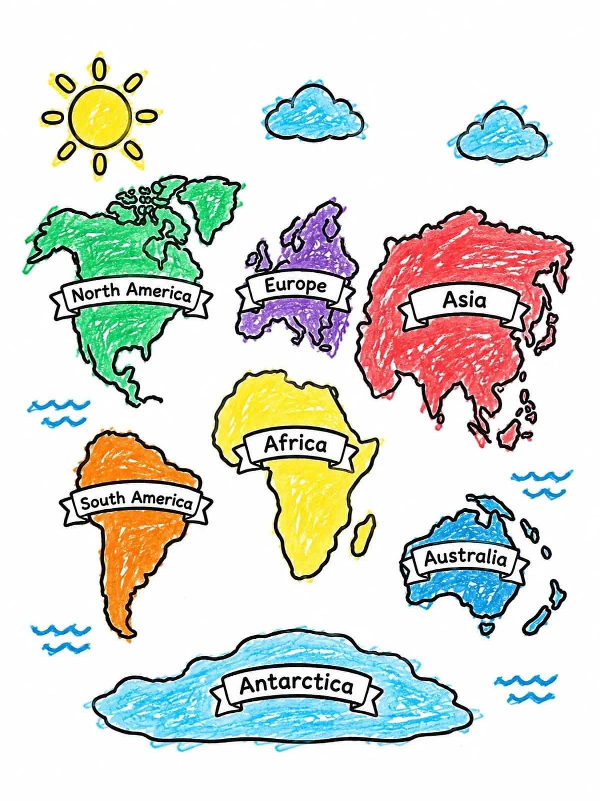 Colored example of the Seven Continents World Map coloring page