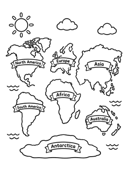 Free printable Seven Continents World Map coloring page