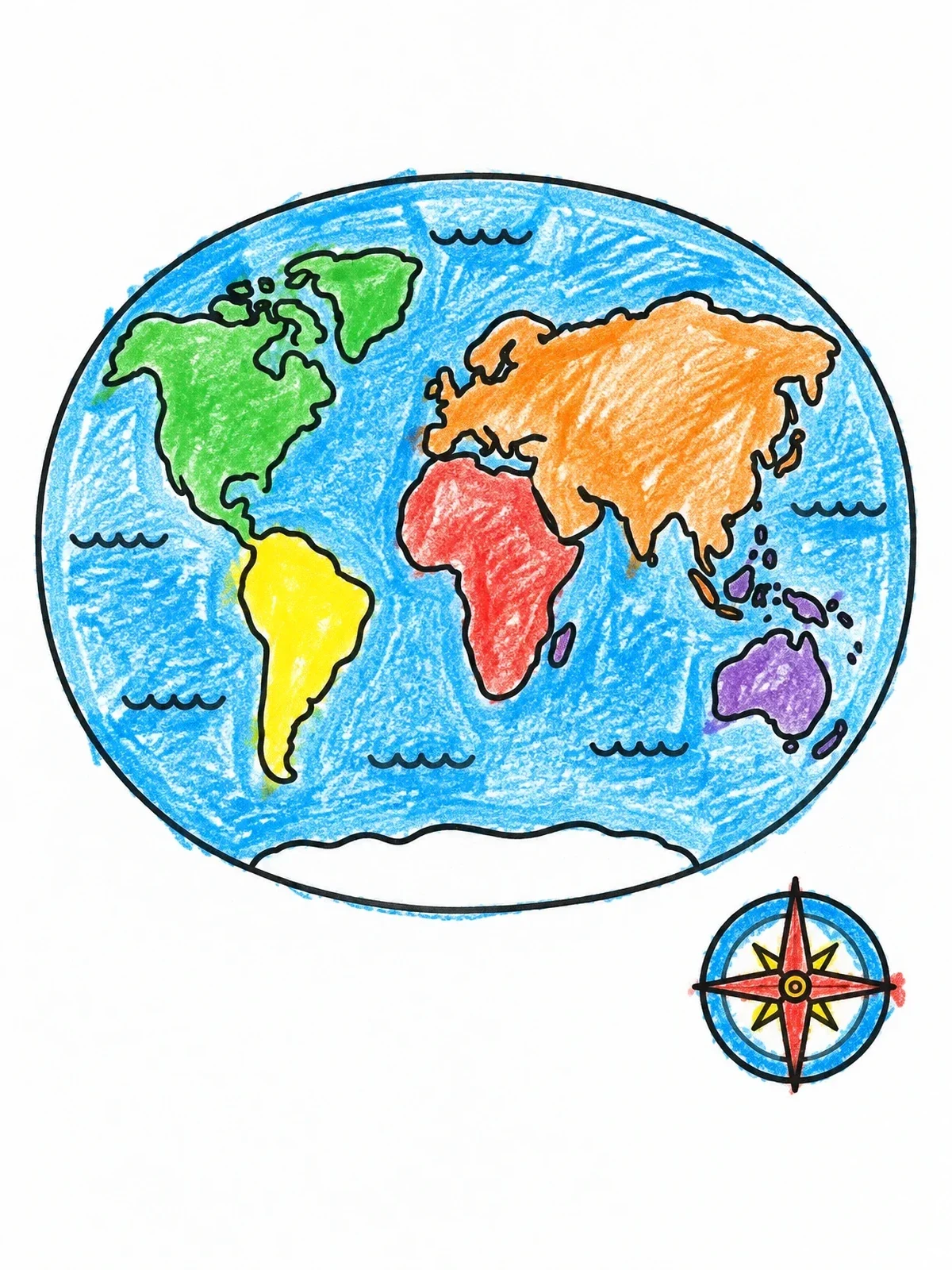 Colored example of the Simple World Map With Compass Rose coloring page