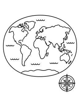 Free printable Simple World Map With Compass Rose coloring page