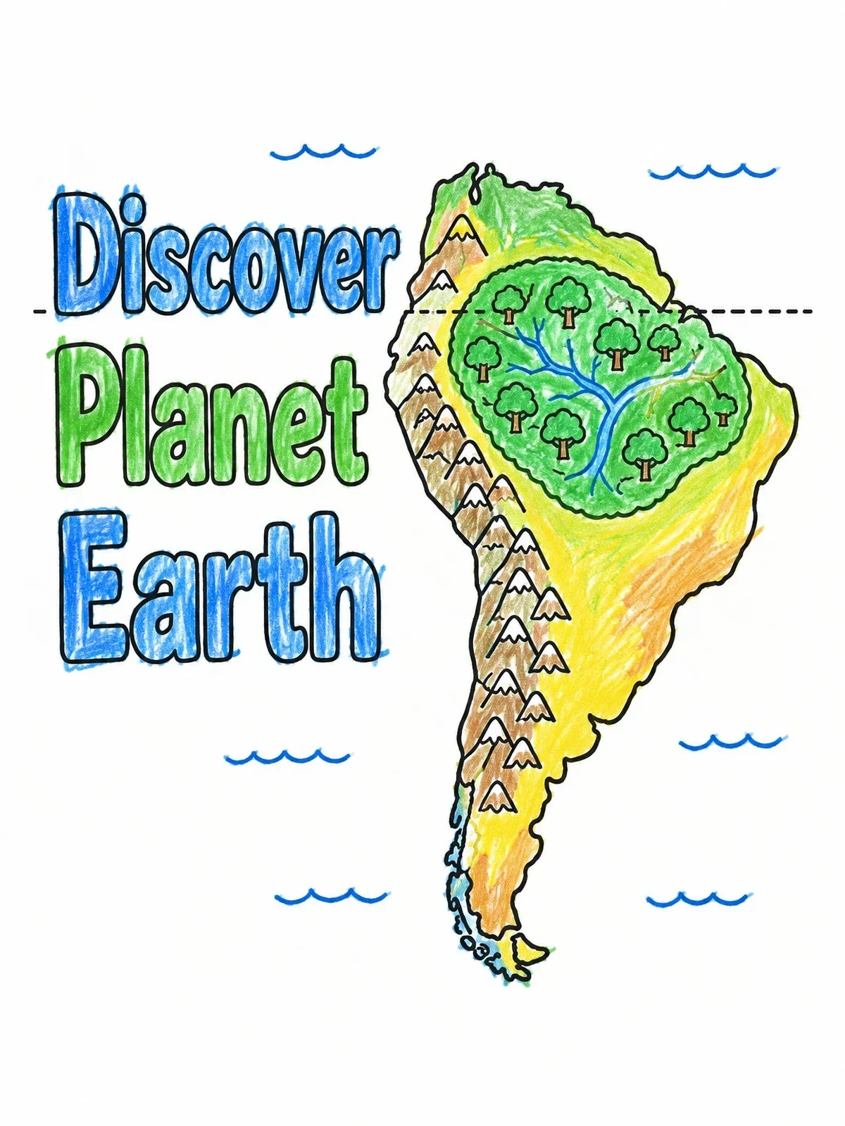 Colored example of the South America Map And Rainforest coloring page