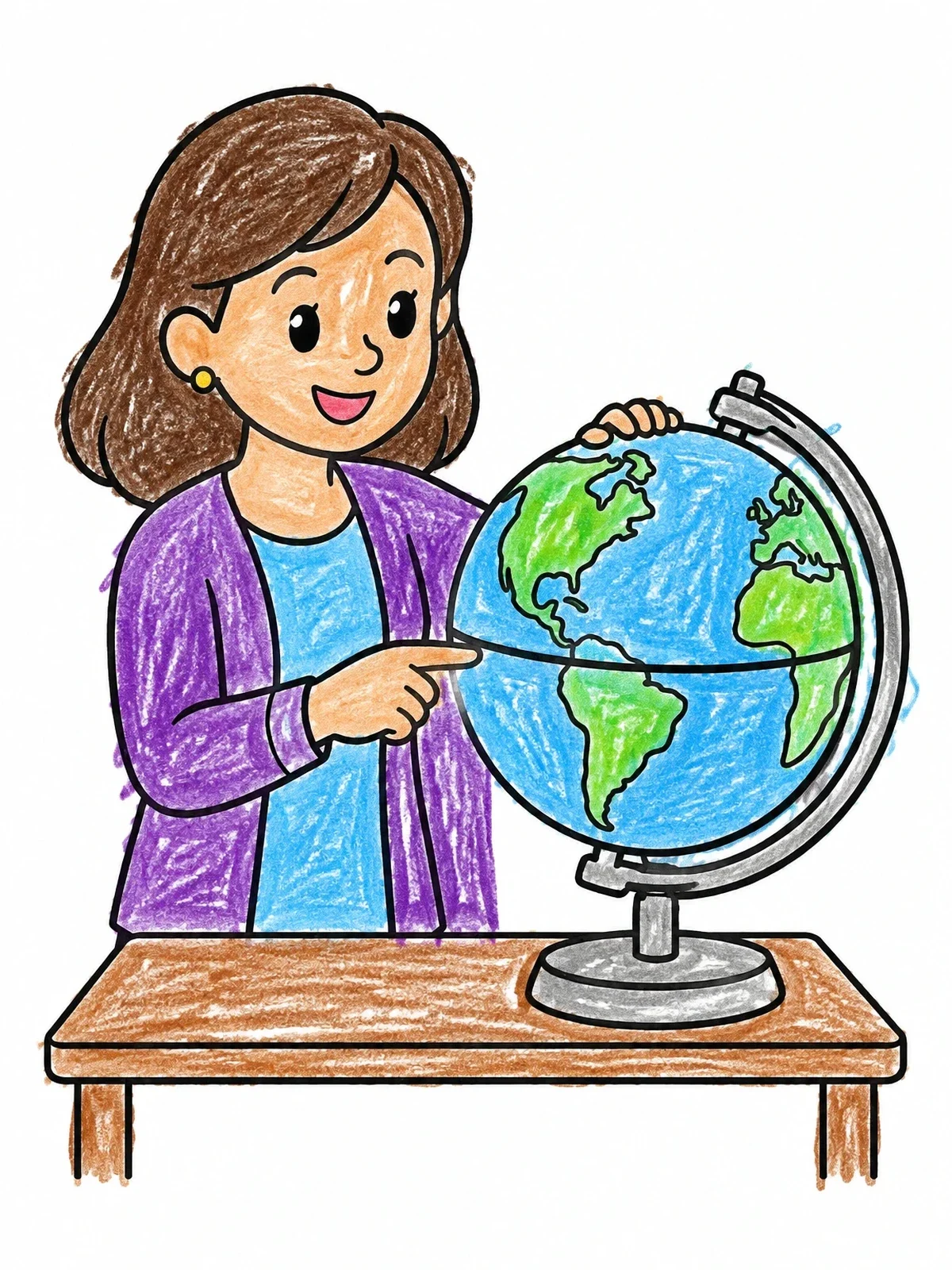 Colored example of the Teacher Pointing To A Desk Globe coloring page