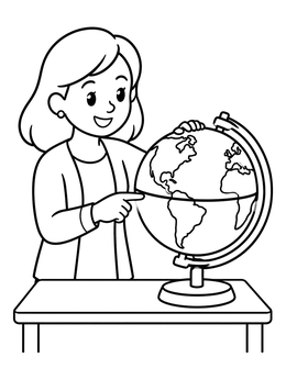 Free printable Teacher Pointing To A Desk Globe coloring page