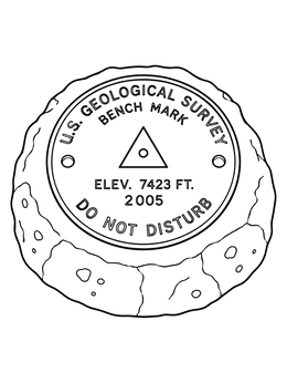 A detailed geography coloring page featuring a circular USGS geodetic survey marker set in stone.