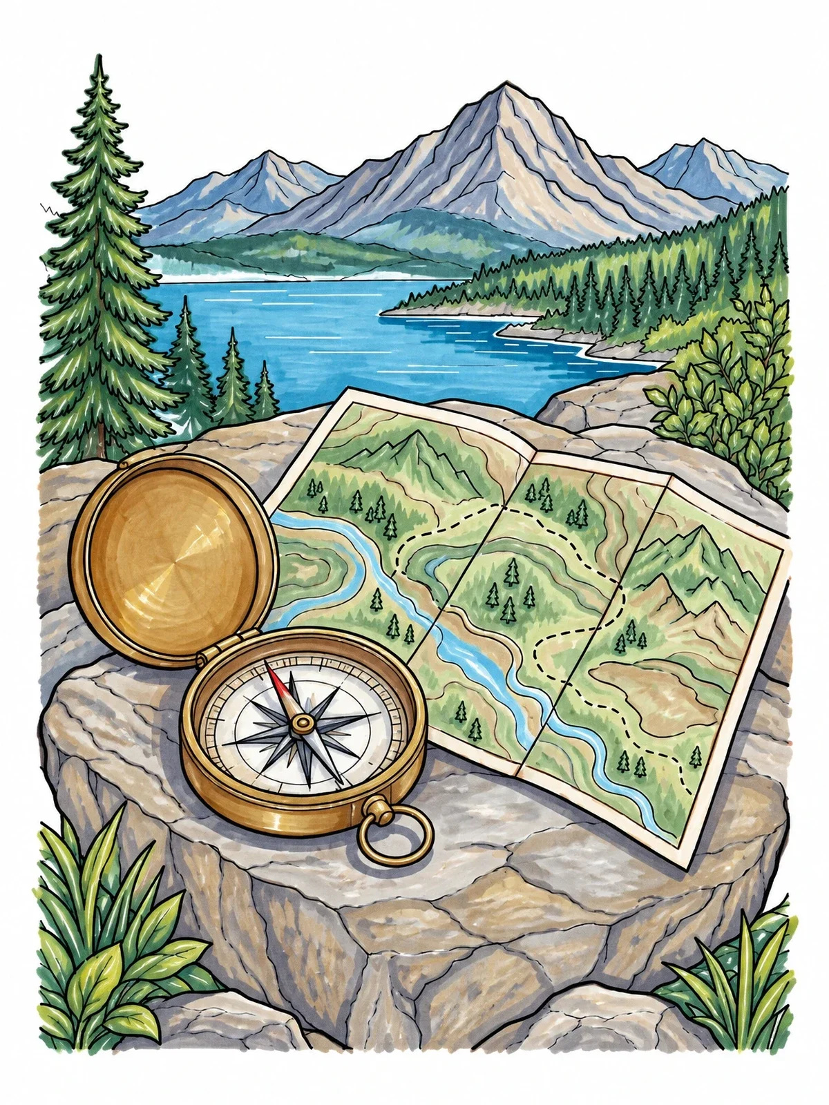 Colored example of the Vintage Compass And Trail Map coloring page