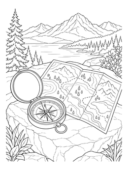 A detailed geography coloring page featuring an open compass and trail map on a mountain overlook.