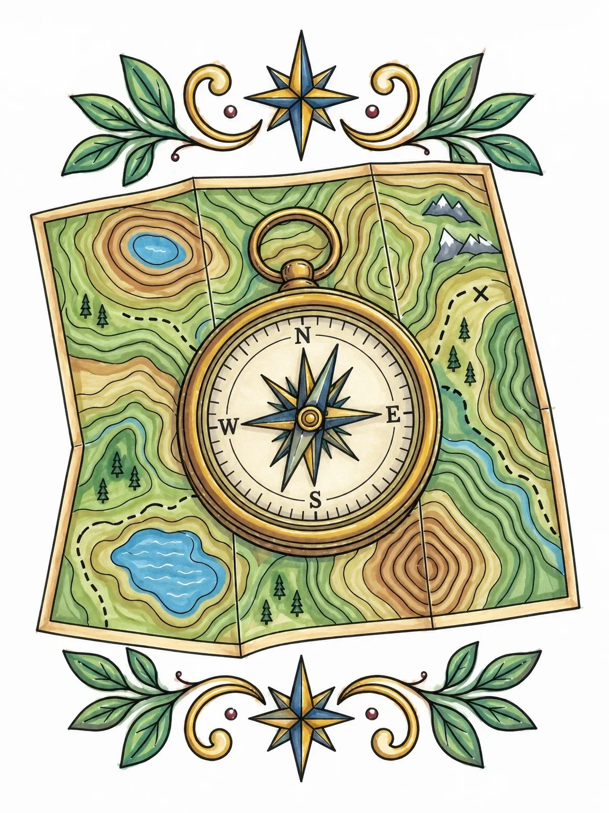Colored example of the Vintage Compass On Topographic Map coloring page