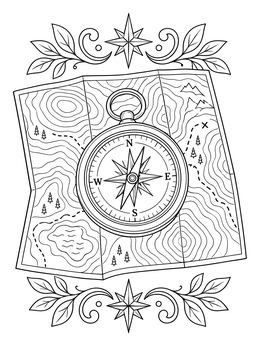 A detailed compass over a folded map in this geography coloring page.