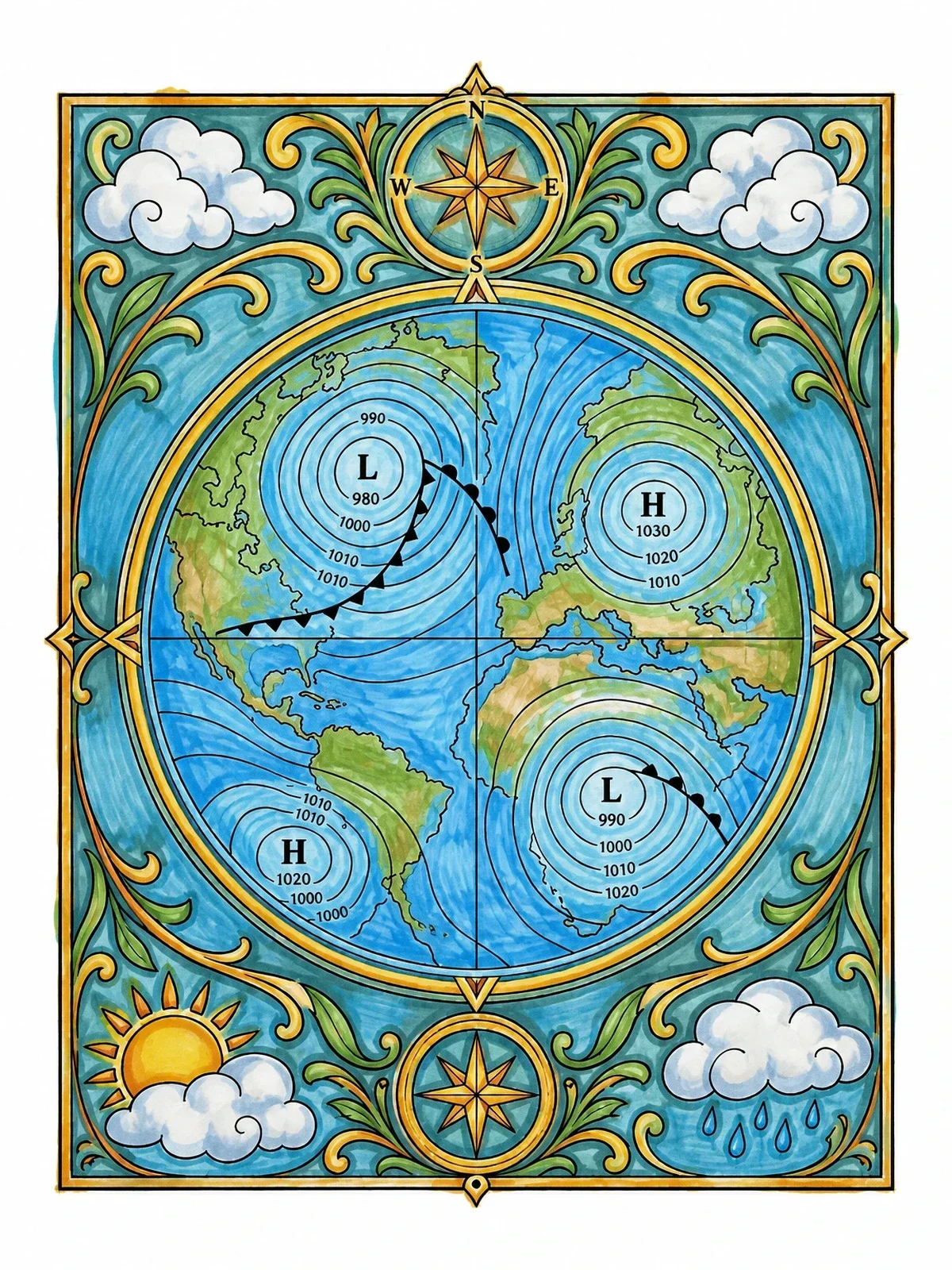 Colored example of the Vintage Weather Isobar Chart coloring page