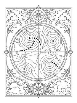 Vintage weather isobar chart on a geography coloring page.