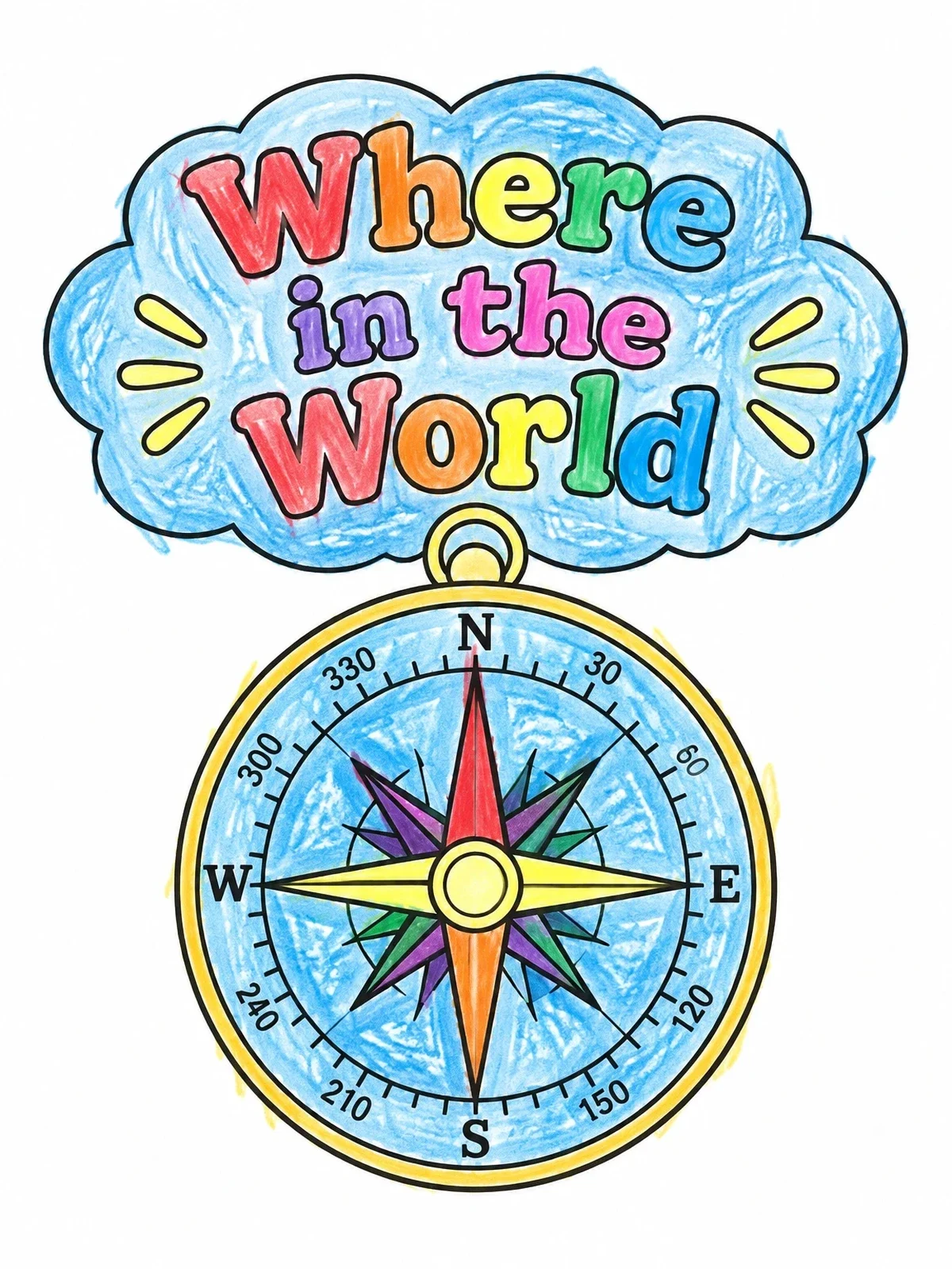 Colored example of the Where In The World Compass coloring page