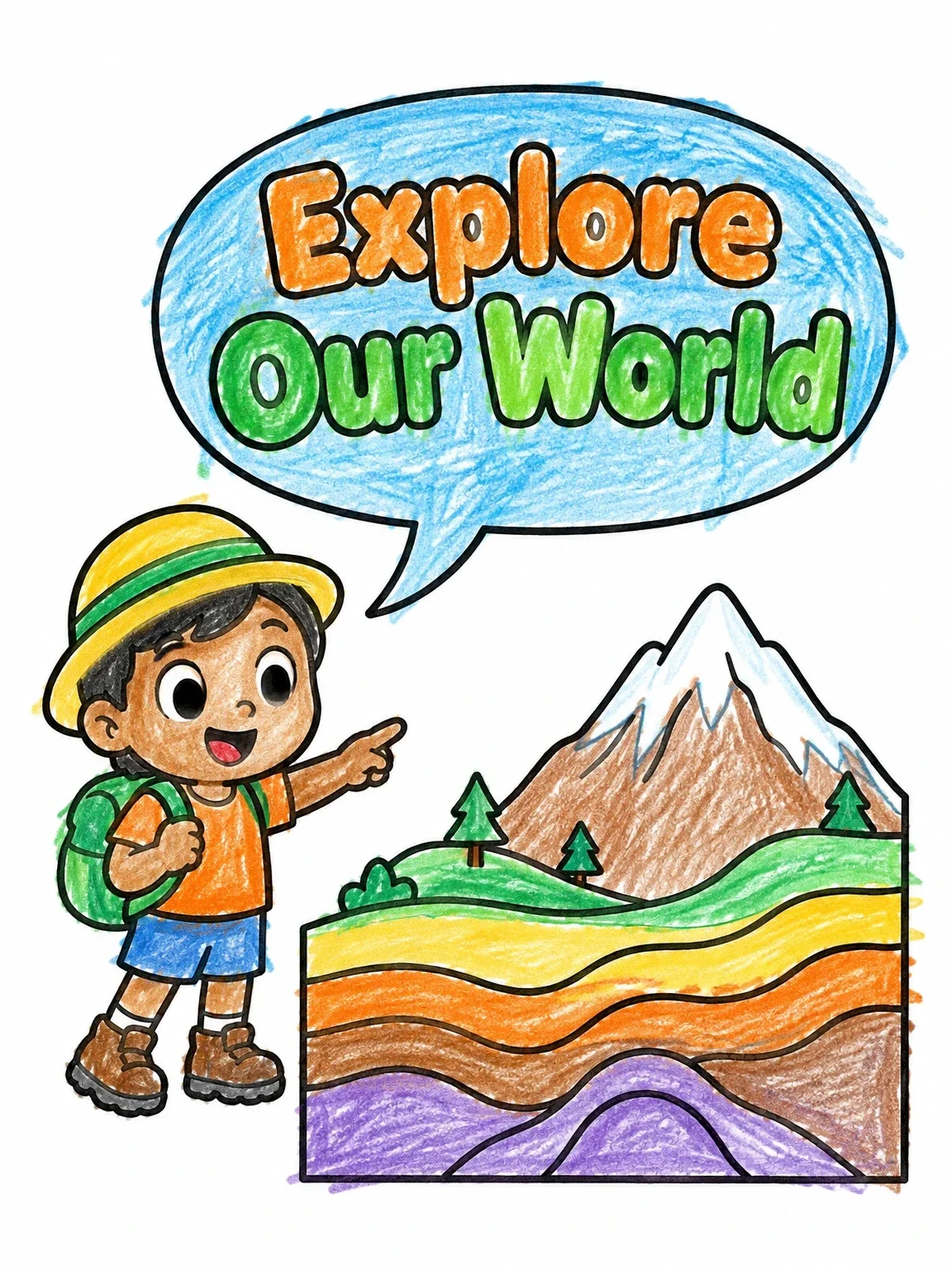 Colored example of the Young Explorer And Mountain Cross Section coloring page