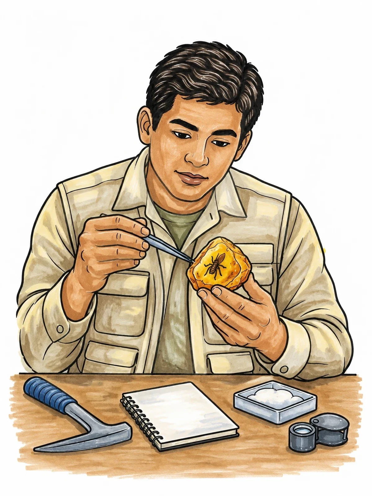 Colored example of the Geologist Examining Fossil In Amber coloring page