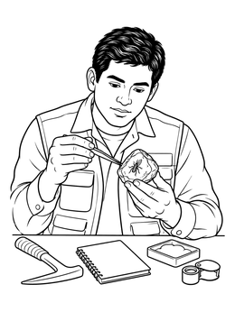 A scientist inspecting a fossil insect in this amber coloring page.