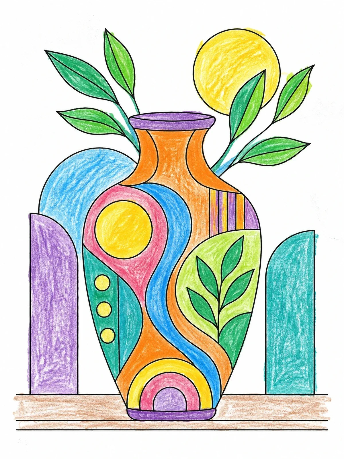 Colored example of the Geometric Art Nouveau Ceramic Vase coloring page