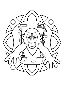 A baboon coloring page showing a stylized monkey reaching forward through an ornamental frame.